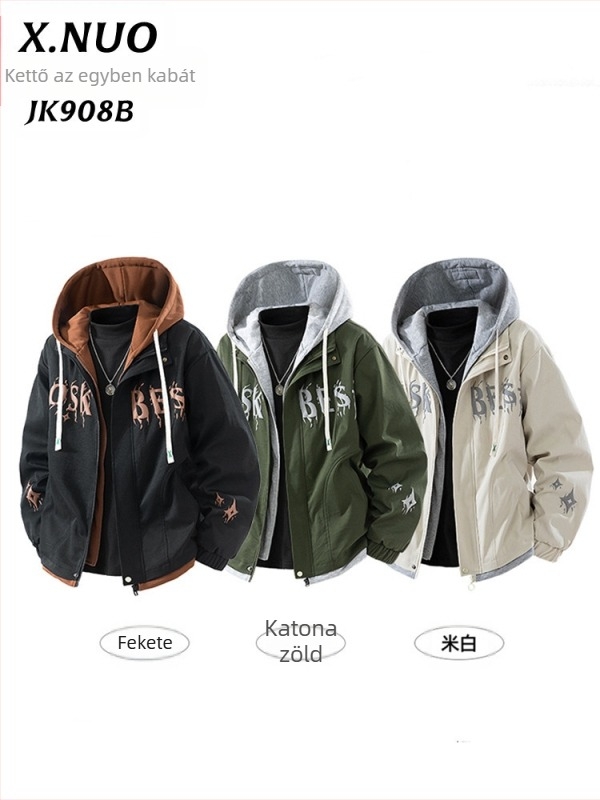 Férfi külső kabát kapucnival, szélálló, poliészter anyag, hosszú ujjak, közepes vastagság