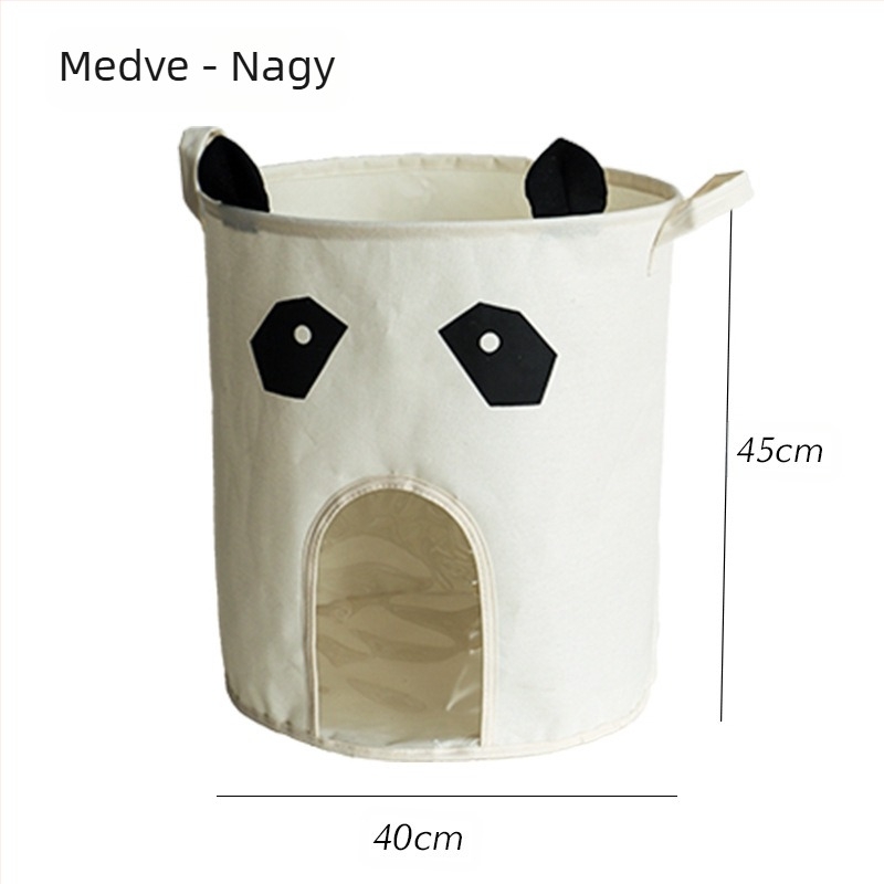 Textil gyermekjáték tároló kosár átlátszó panellel, összecsukható, rajzfilm dizájn, pamut anyag, modern minimalista stílus, játékok és kisebb kellékek tárolására