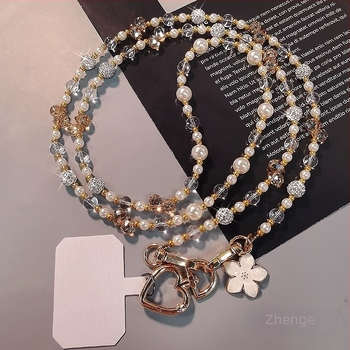 Telefonpánt crossbody hosszú lánccal, kristály- és gyöngyfüggővel, geometriai függővel, kézzel készített, női stílus, többfunkciós