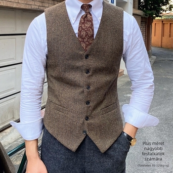 Corduroy férfi mellény – slim fit, vintage brit stílus, V-nyakú, egy soros gombos, Rabbit Hair