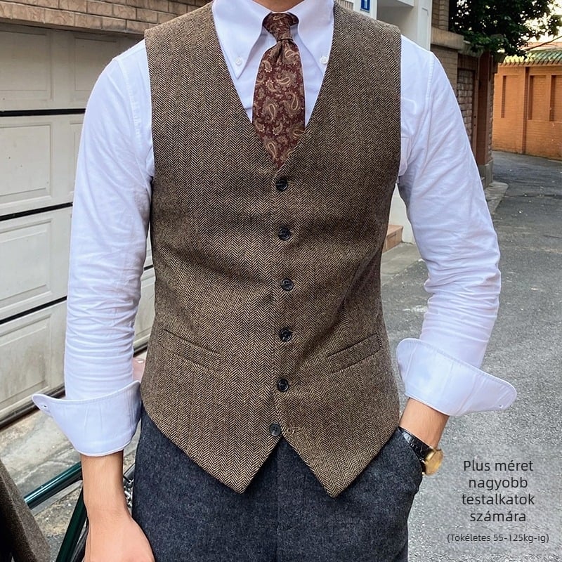 Corduroy férfi mellény – slim fit, vintage brit stílus, V-nyakú, egy soros gombos, Rabbit Hair