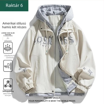 Két részes kinézetű dzseki, szélálló, kapucnis, cipzárral, laza szabású, poliészter-lycra keverék