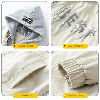 Két részes kinézetű dzseki, szélálló, kapucnis, cipzárral, laza szabású, poliészter-lycra keverék