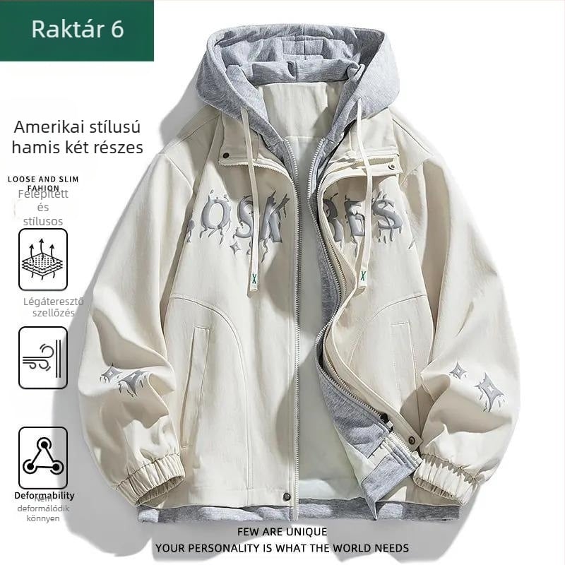 Két részes kinézetű dzseki, szélálló, kapucnis, cipzárral, laza szabású, poliészter-lycra keverék