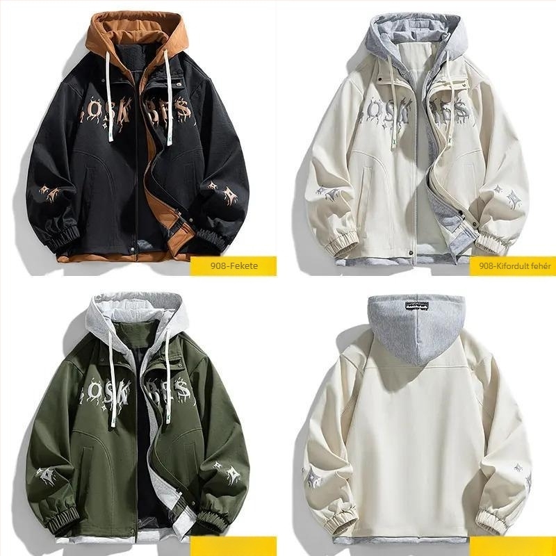 Két részes kinézetű dzseki, szélálló, kapucnis, cipzárral, laza szabású, poliészter-lycra keverék