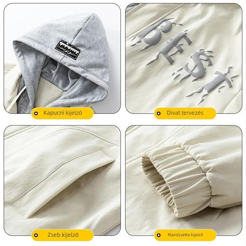 Két részes kinézetű dzseki, szélálló, kapucnis, cipzárral, laza szabású, poliészter-lycra keverék