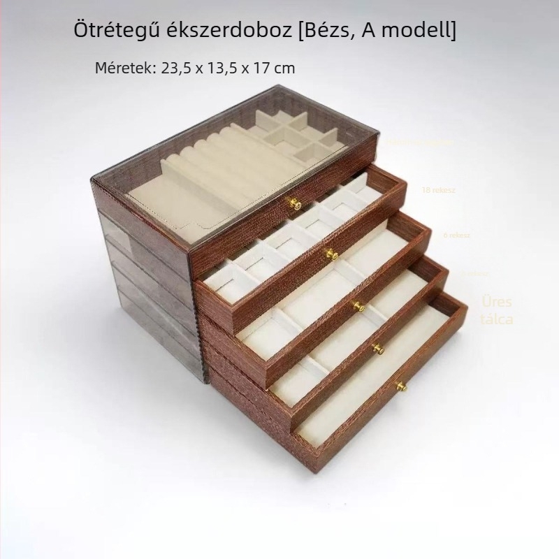 Diófa mintázatú, többszintes ékszerdoboz, nagy kapacitású, nyakláncok és fülbevalók számára