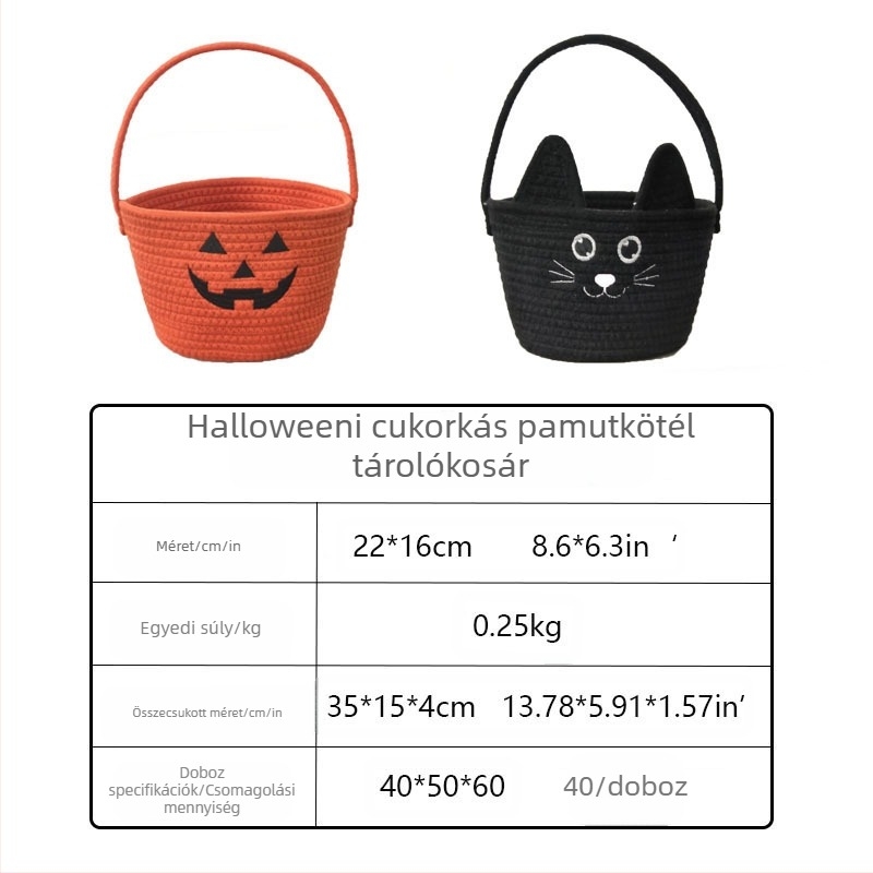 Gyerekek Halloween tároló kosara pamut zsinórral, hordozható édesség- és játékkosár