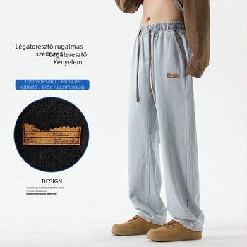 Férfi farmernadrág, amerikai stílus, egyenes szabású, fleece bélés, cipzáras zárás, mosott denim
