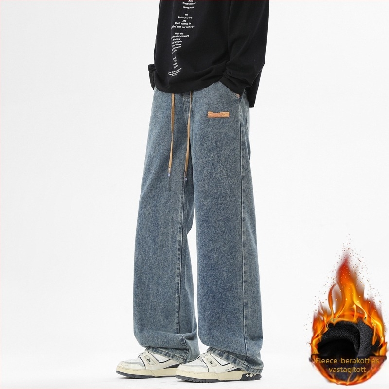 Férfi farmernadrág, amerikai stílus, egyenes szabású, fleece bélés, cipzáras zárás, mosott denim