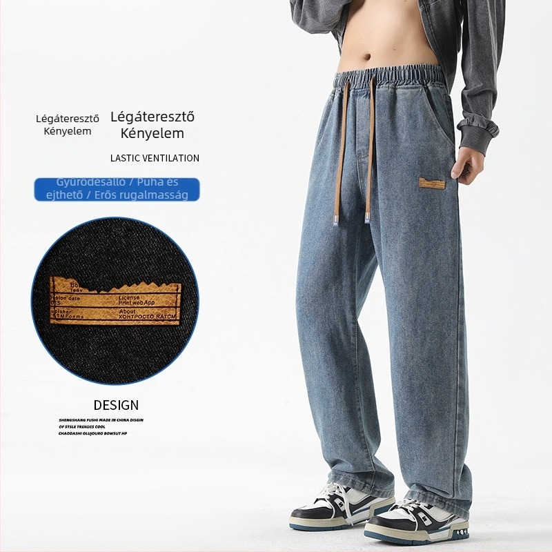 Férfi farmernadrág, amerikai stílus, egyenes szabású, fleece bélés, cipzáras zárás, mosott denim