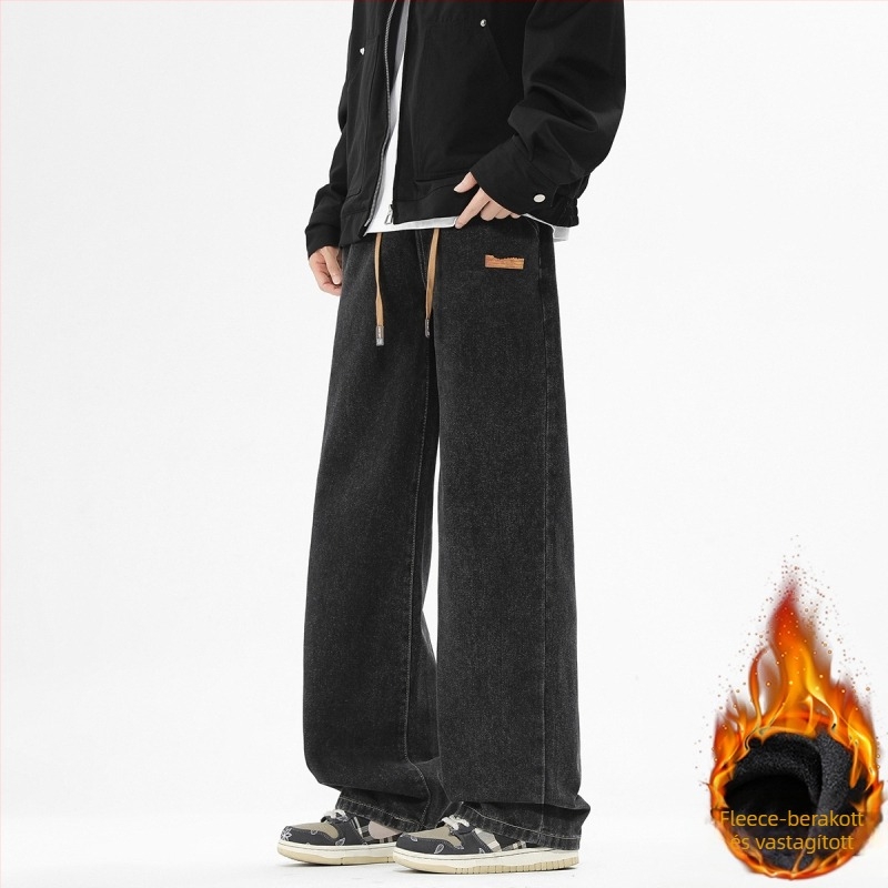 Férfi farmernadrág, amerikai stílus, egyenes szabású, fleece bélés, cipzáras zárás, mosott denim