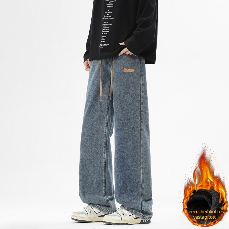 Férfi farmernadrág, amerikai stílus, egyenes szabású, fleece bélés, cipzáras zárás, mosott denim