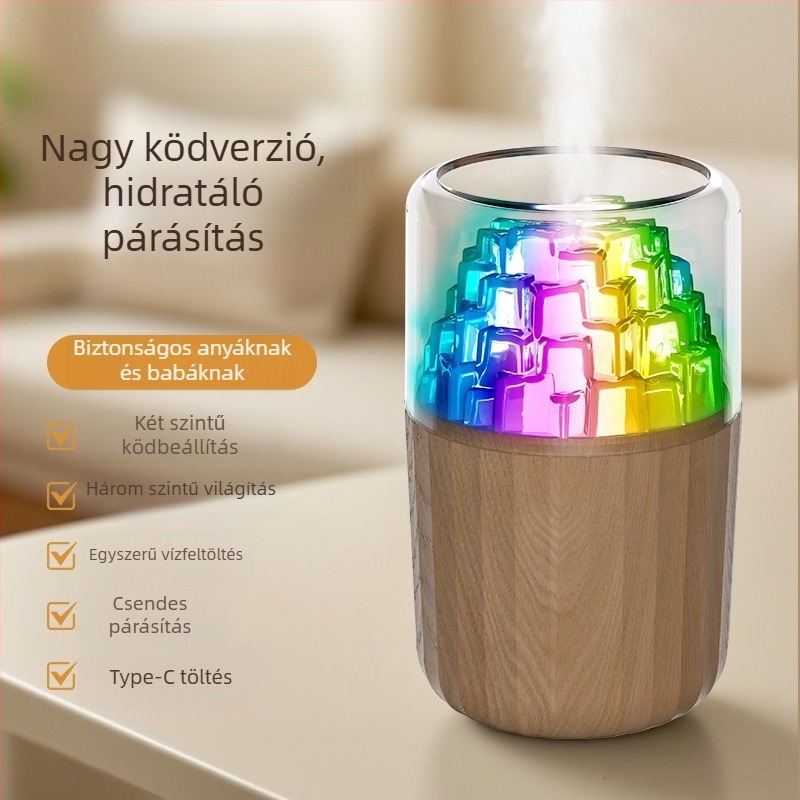 Mini USB párásító jégkocka dizájnnal, 3D színes hangulatfény, csendes asztali párásító aromaterápiához