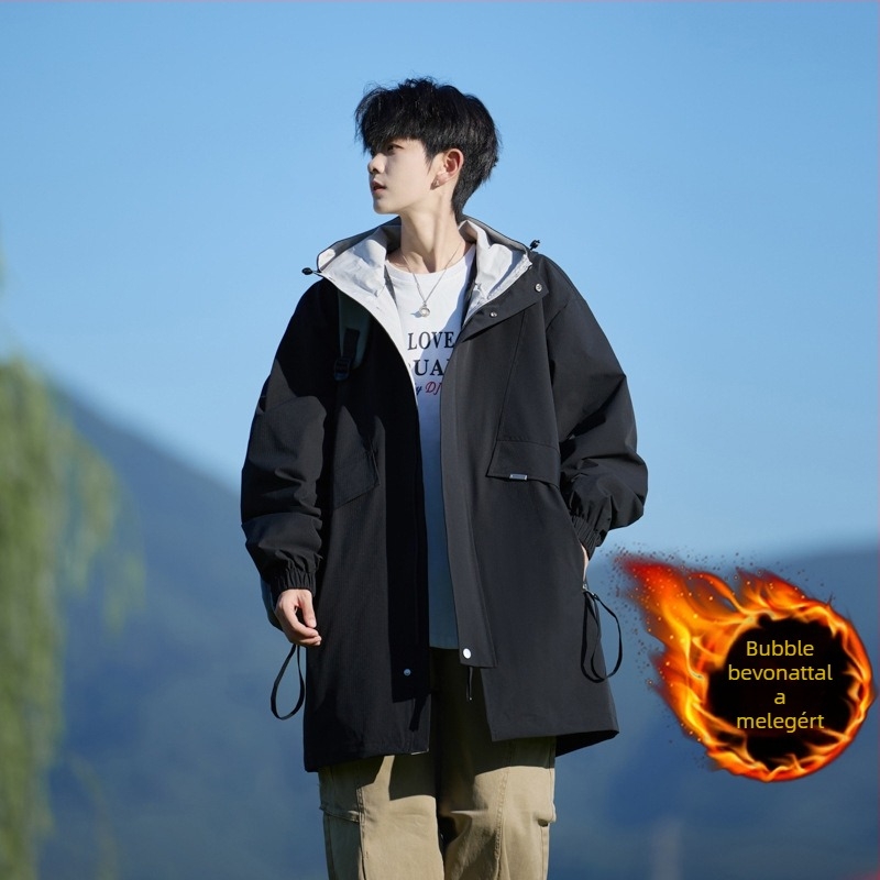 Férfi középhosszú kapucnis dzseki, lazán szabott, cipzáros zsebek, elülső cipzár, poliészter.