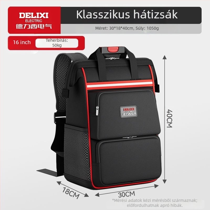 Delixi Electric Dupla vállú szerszám hátizsák elektromérnököknek – szerszámok szállítása, szerszámok rendezése, hátizsák stílus
