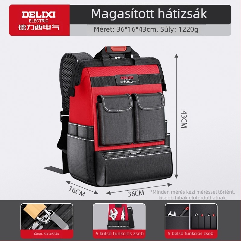 Delixi Electric Dupla vállú szerszám hátizsák elektromérnököknek – szerszámok szállítása, szerszámok rendezése, hátizsák stílus
