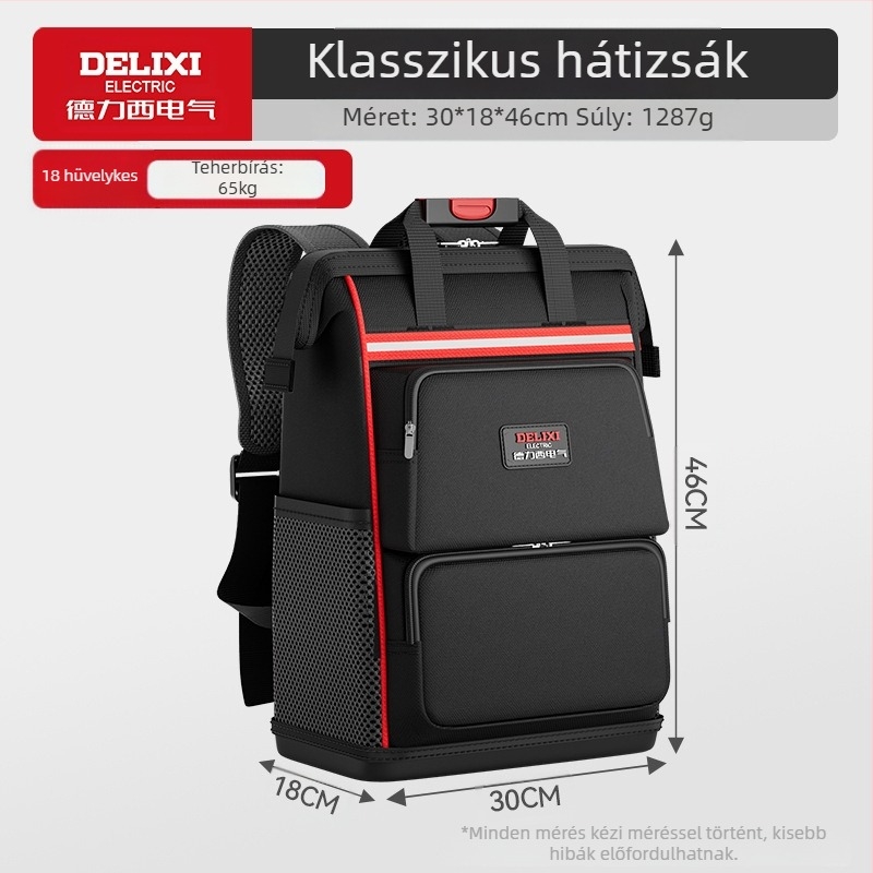 Delixi Electric Dupla vállú szerszám hátizsák elektromérnököknek – szerszámok szállítása, szerszámok rendezése, hátizsák stílus