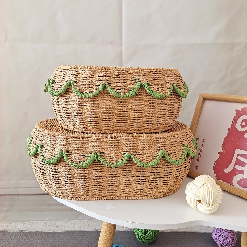 Rattan tároló kosár fan alakú, fedővel, kozmetikumok és ékszerek tárolására, testreszabható modell, 3 darabos készlet, Nordic stílus