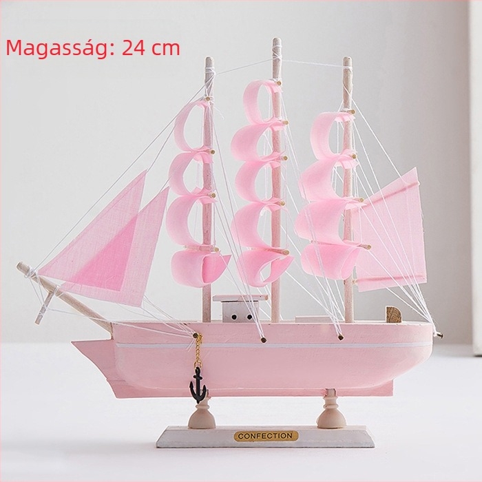Fából készült vitorlás hajó – mediterrán stílusú dekoráció, fenyőfa anyagból, otthoni és dolgozószobai dekorhoz, 16–50 cm.