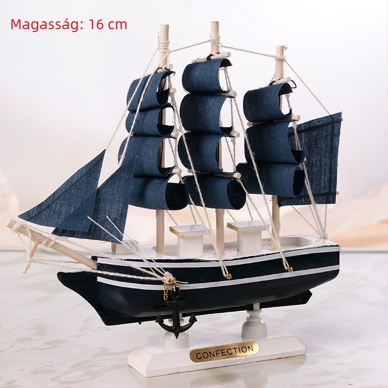Fából készült vitorlás hajó – mediterrán stílusú dekoráció, fenyőfa anyagból, otthoni és dolgozószobai dekorhoz, 16–50 cm.