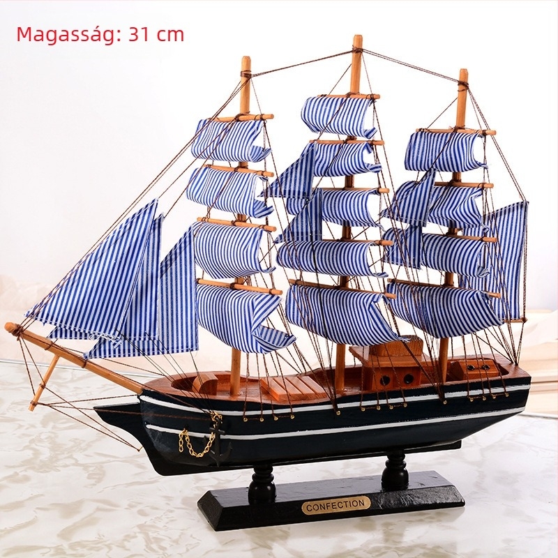 Fából készült vitorlás hajó – mediterrán stílusú dekoráció, fenyőfa anyagból, otthoni és dolgozószobai dekorhoz, 16–50 cm.