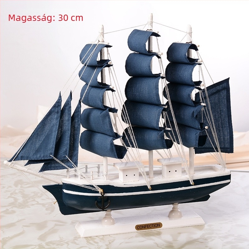 Fából készült vitorlás hajó – mediterrán stílusú dekoráció, fenyőfa anyagból, otthoni és dolgozószobai dekorhoz, 16–50 cm.