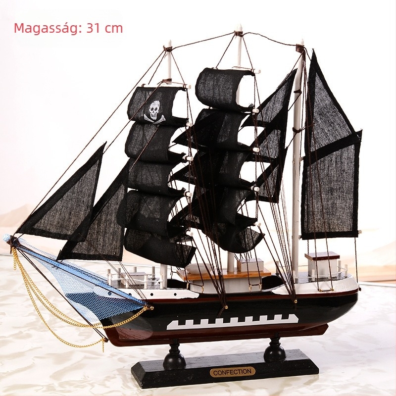 Fából készült vitorlás hajó – mediterrán stílusú dekoráció, fenyőfa anyagból, otthoni és dolgozószobai dekorhoz, 16–50 cm.