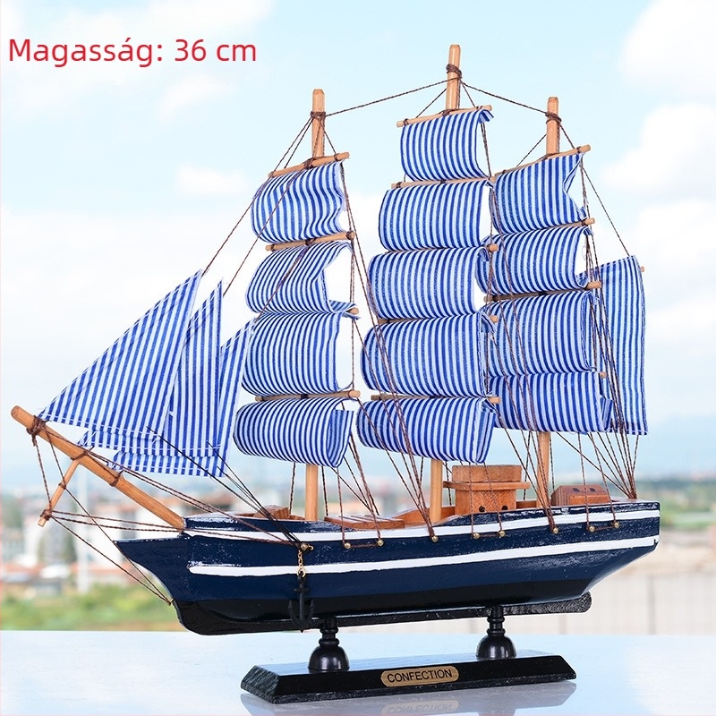 Fából készült vitorlás hajó – mediterrán stílusú dekoráció, fenyőfa anyagból, otthoni és dolgozószobai dekorhoz, 16–50 cm.