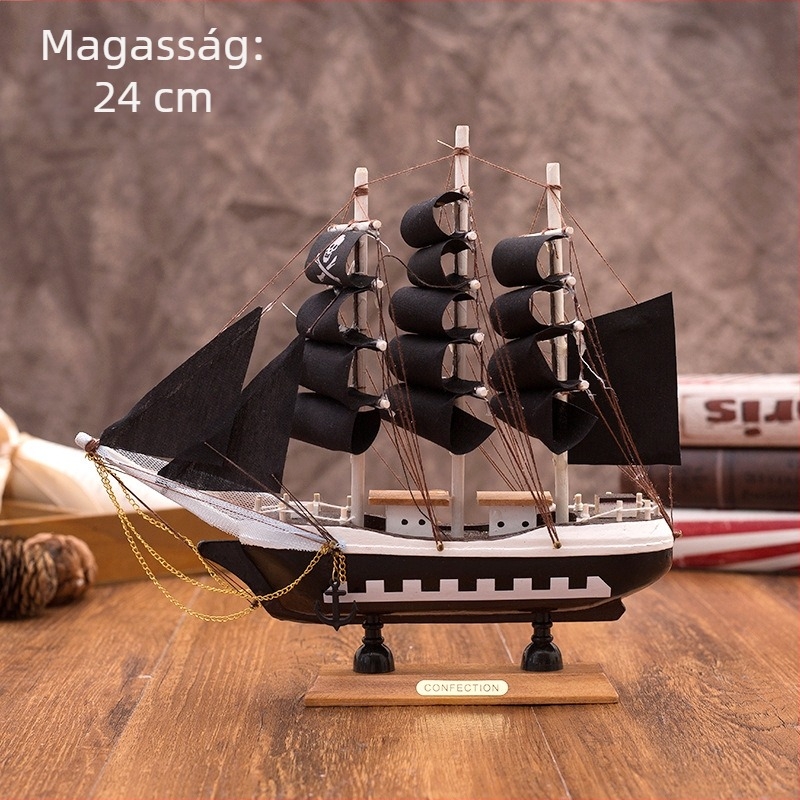 Fából készült vitorlás hajó – mediterrán stílusú dekoráció, fenyőfa anyagból, otthoni és dolgozószobai dekorhoz, 16–50 cm.