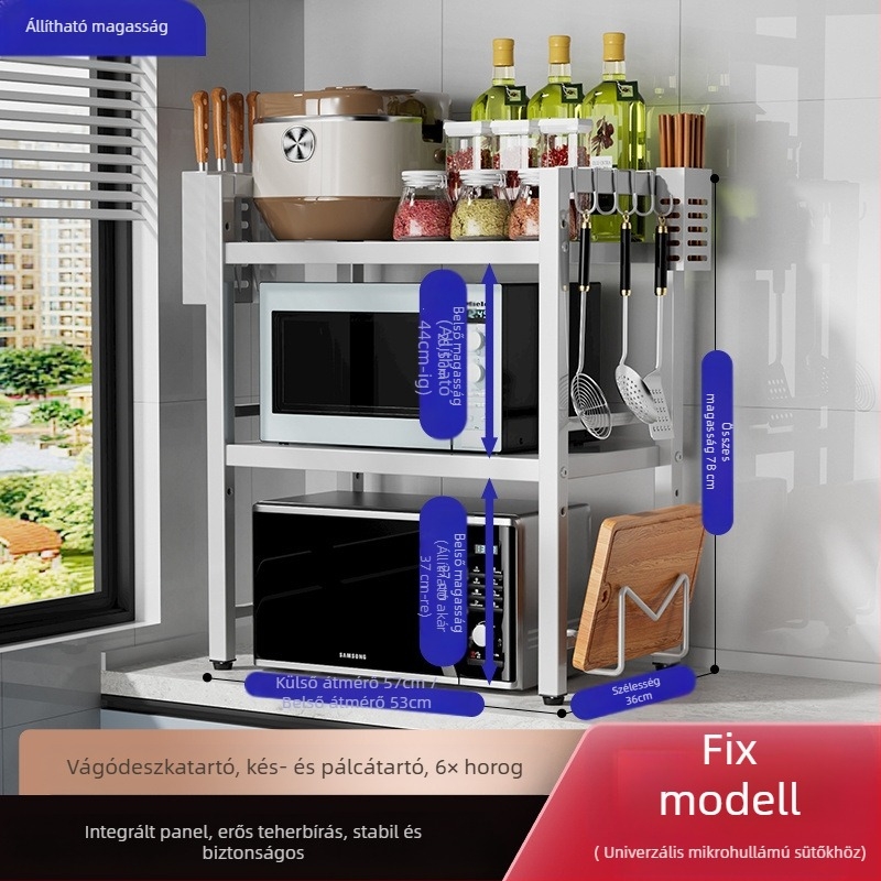 Fém anyagú, többfunkciós, mozgatható konyhai tárolóállvány mikrohullámú sütőhöz, sütőhöz és egyéb készülékekhez; modern, minimalist dizájn, 2022-ben debütált.