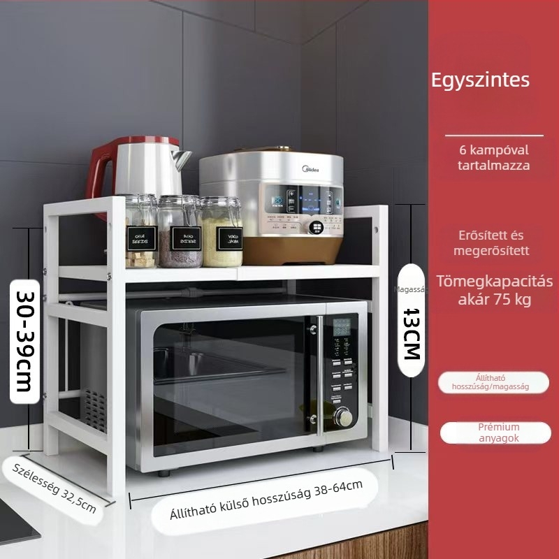 Fém anyagú, többfunkciós, mozgatható konyhai tárolóállvány mikrohullámú sütőhöz, sütőhöz és egyéb készülékekhez; modern, minimalist dizájn, 2022-ben debütált.
