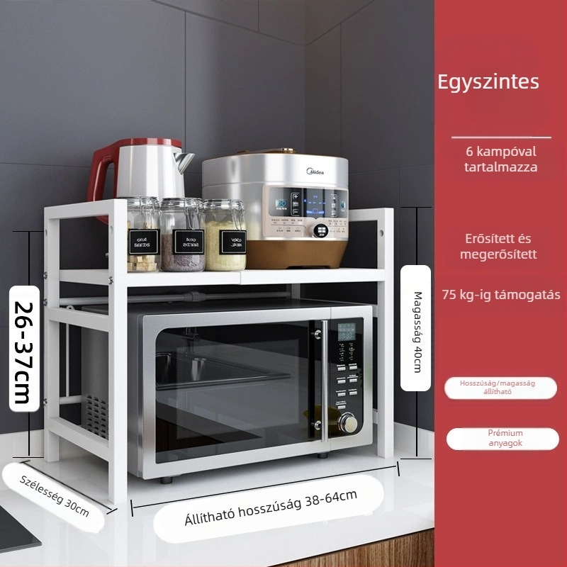 Fém anyagú, többfunkciós, mozgatható konyhai tárolóállvány mikrohullámú sütőhöz, sütőhöz és egyéb készülékekhez; modern, minimalist dizájn, 2022-ben debütált.