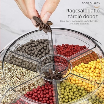 Kerek gabonatároló doboz 6 rekesszel — zárt, rovar- és nedvességálló, élelmiszer-minőségű ABS+PET+AS, kapacitás 5 L vagy több