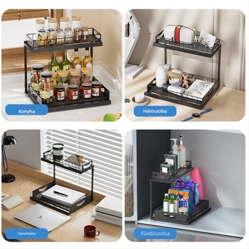 Kétszintes kihúzható konyhai tároló, vasdrót konstrukció, multipurpose szervező, konyhához és az alatti mosogatóhoz, modern minimalista stílus