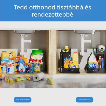 Kétszintes kihúzható konyhai tároló, vasdrót konstrukció, multipurpose szervező, konyhához és az alatti mosogatóhoz, modern minimalista stílus