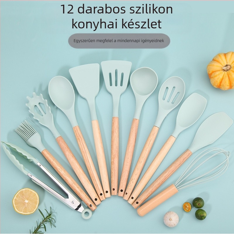 12 darabos szilikon konyhai eszköz készlet bükkfa és tölgyfa nyéllal, modern minimalista design, hőálló és csúszásmentes