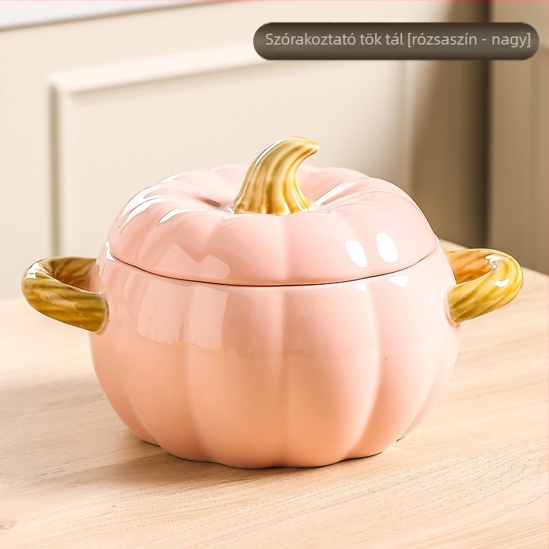 Tök mintás porcelán levesestál fedővel, kör alakú, dupla füllel, mikrohullámú sütőben használható