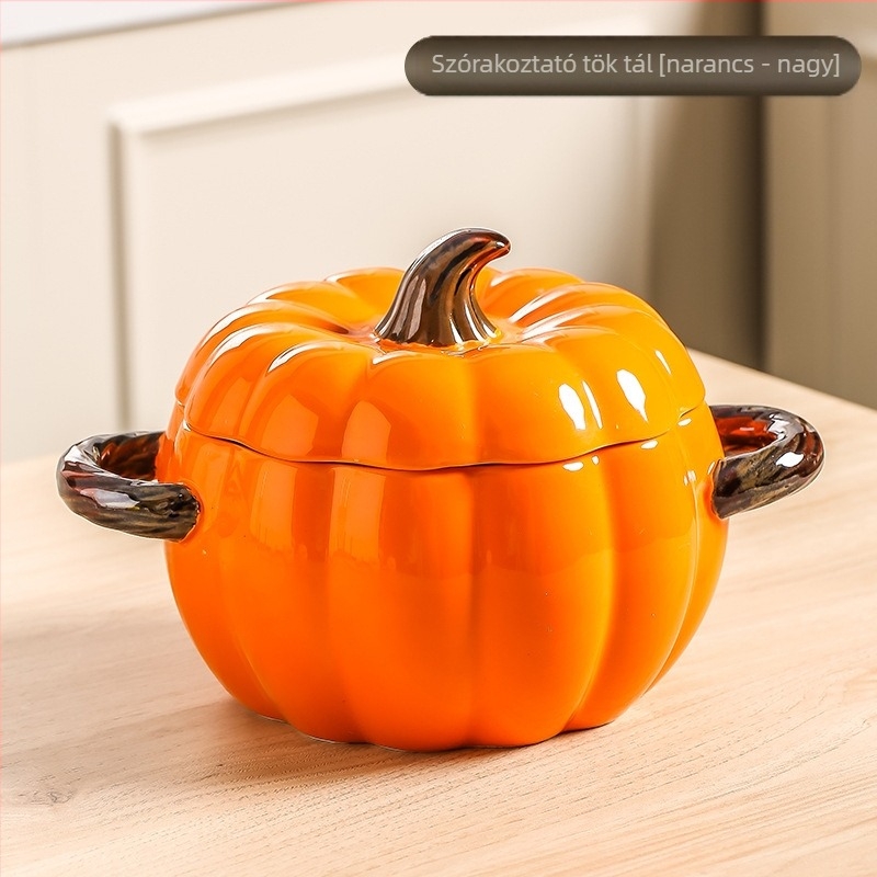 Tök mintás porcelán levesestál fedővel, kör alakú, dupla füllel, mikrohullámú sütőben használható