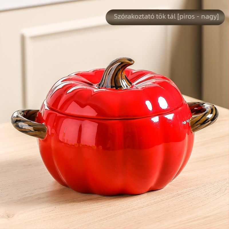 Tök mintás porcelán levesestál fedővel, kör alakú, dupla füllel, mikrohullámú sütőben használható