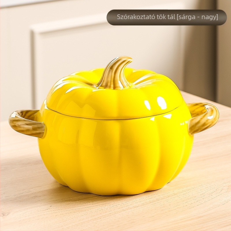 Tök mintás porcelán levesestál fedővel, kör alakú, dupla füllel, mikrohullámú sütőben használható