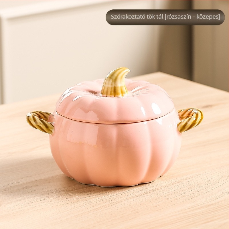Tök mintás porcelán levesestál fedővel, kör alakú, dupla füllel, mikrohullámú sütőben használható