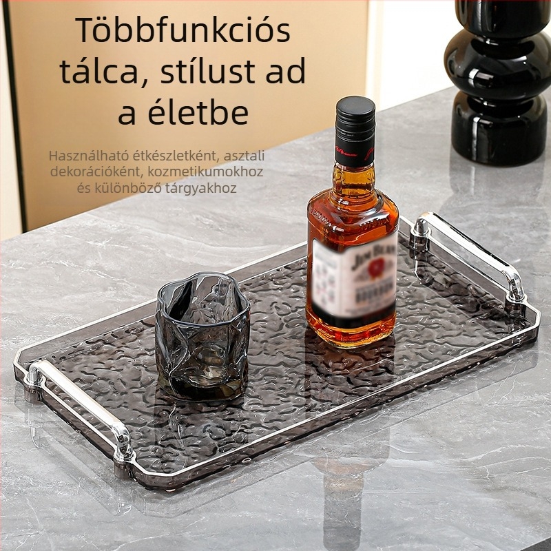 Akril kétfogantyús négyszögletes tálca, modern minimalista stílus, testreszabható, otthoni és szállodai használatra, mikrohullámú sütőben nem használható