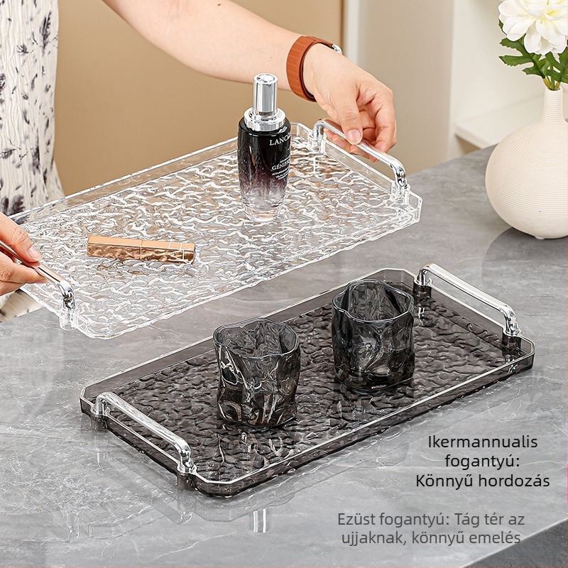 Akril kétfogantyús négyszögletes tálca, modern minimalista stílus, testreszabható, otthoni és szállodai használatra, mikrohullámú sütőben nem használható