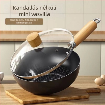 Kovácsoltvas wok, egységes aljzattal, 8 cm mélység, üvegfedővel