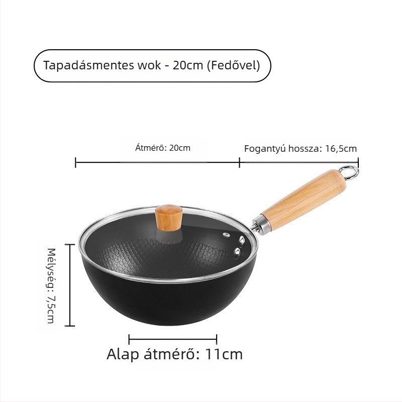 Kovácsoltvas wok, egységes aljzattal, 8 cm mélység, üvegfedővel
