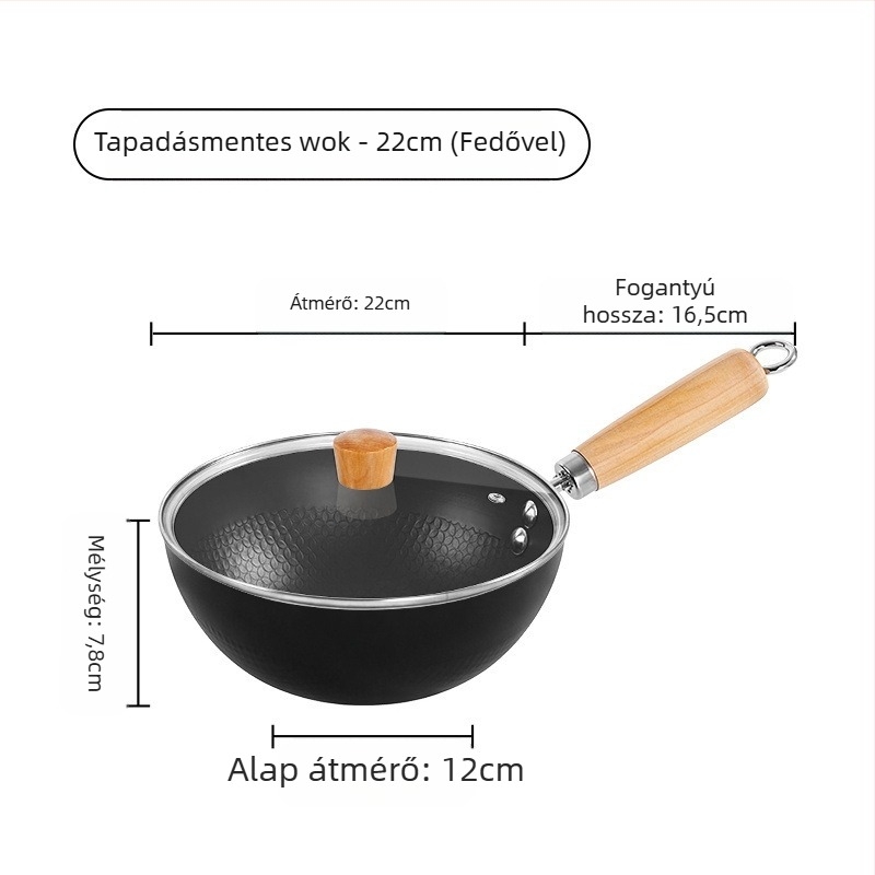 Kovácsoltvas wok, egységes aljzattal, 8 cm mélység, üvegfedővel