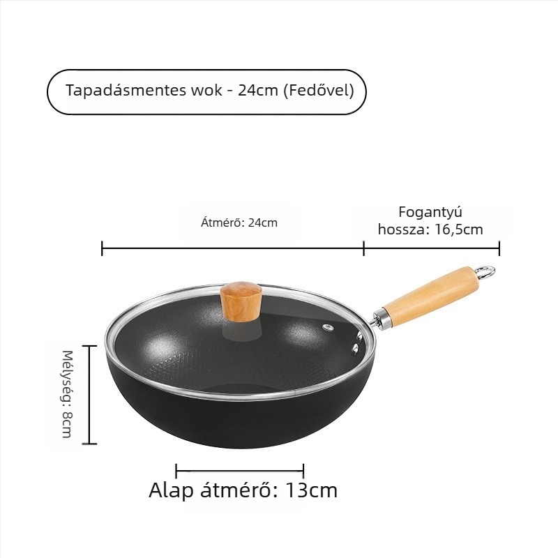 Kovácsoltvas wok, egységes aljzattal, 8 cm mélység, üvegfedővel