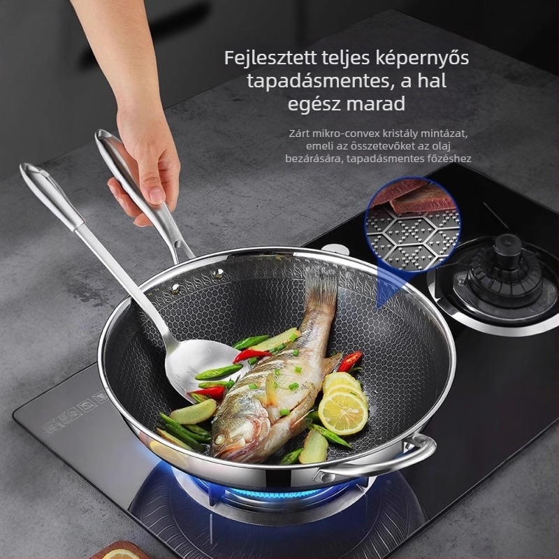 Rozsdamentes acél wok tapadásmentes bevonattal, mély aljzattal, 1 kg, univerzális tűzhelyhez kompatibilis, modern minimalist stílus