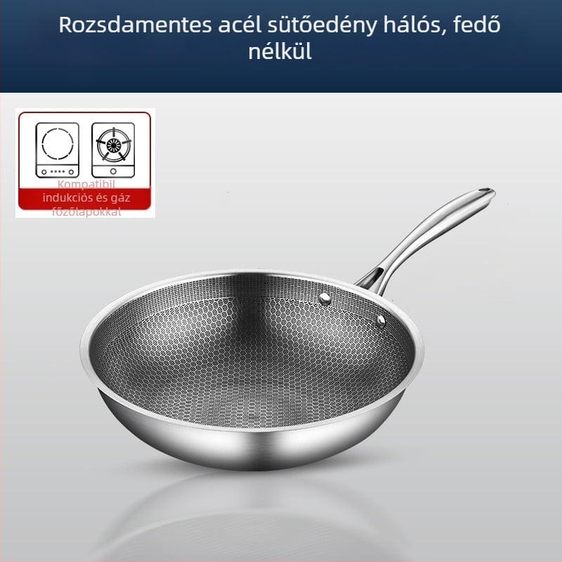 Rozsdamentes acél wok tapadásmentes bevonattal, mély aljzattal, 1 kg, univerzális tűzhelyhez kompatibilis, modern minimalist stílus